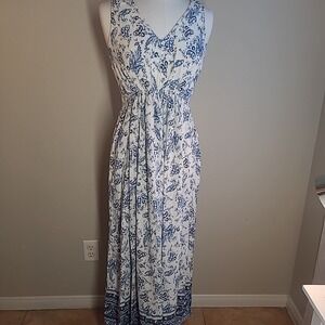LUCKY BRAND White Blue Paisley Floral Dress Peasant Maxi Boho Hippie Women's M